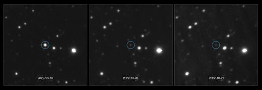 ガンマ線バーストGRB 221009Aが、2022年10月9日に最初に検出されてから同年10月27日までに徐々に暗くなる様子を捉えた連続画像。欧州南天天文台（ESO）の超大型望遠鏡VLTで撮影（ESO/Malesani et al., The Stargate collaboration）