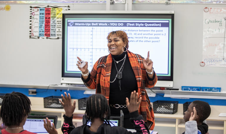 Meadowbrook Middle School math teacher Jacqueline Russell teaches her sixth-grade class in Orlando, Fla., on Wednesday, Nov. 29, 2023. Russel is a finalist in the Orange County Public Schools Teacher of the Year competition.