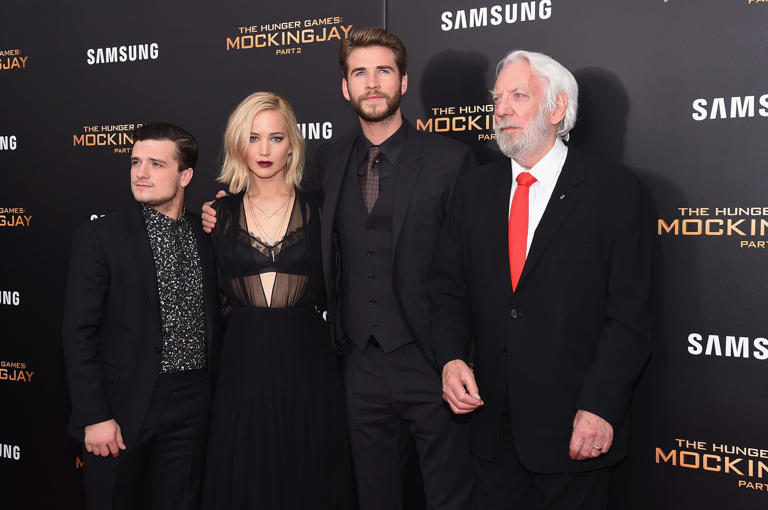 Josh Hutcherson, Jennifer Lawrence, Liam Hemsworth, and Donald Sutherland (Photo by Michael Loccisano/Getty Images)