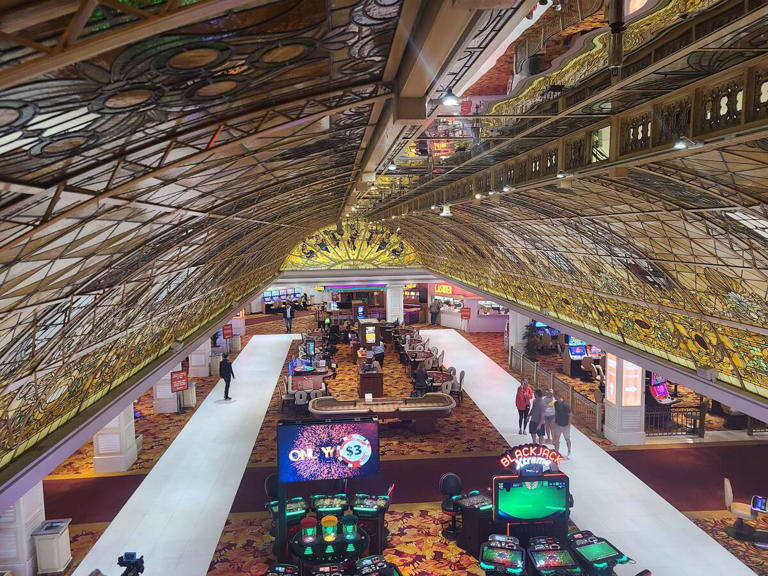 An elevated view of a stained-glass canopy over the Tropicanas main casino on Friday, March 29, 2024, is one of the striking features of the Tropicanas interior. Ballys Corp. officials have not determined if and how it would preserve the art piece installed for $1 million in 1973. (Richard N. Velotta/Las Vegas Review-Journal) @RickVelotta