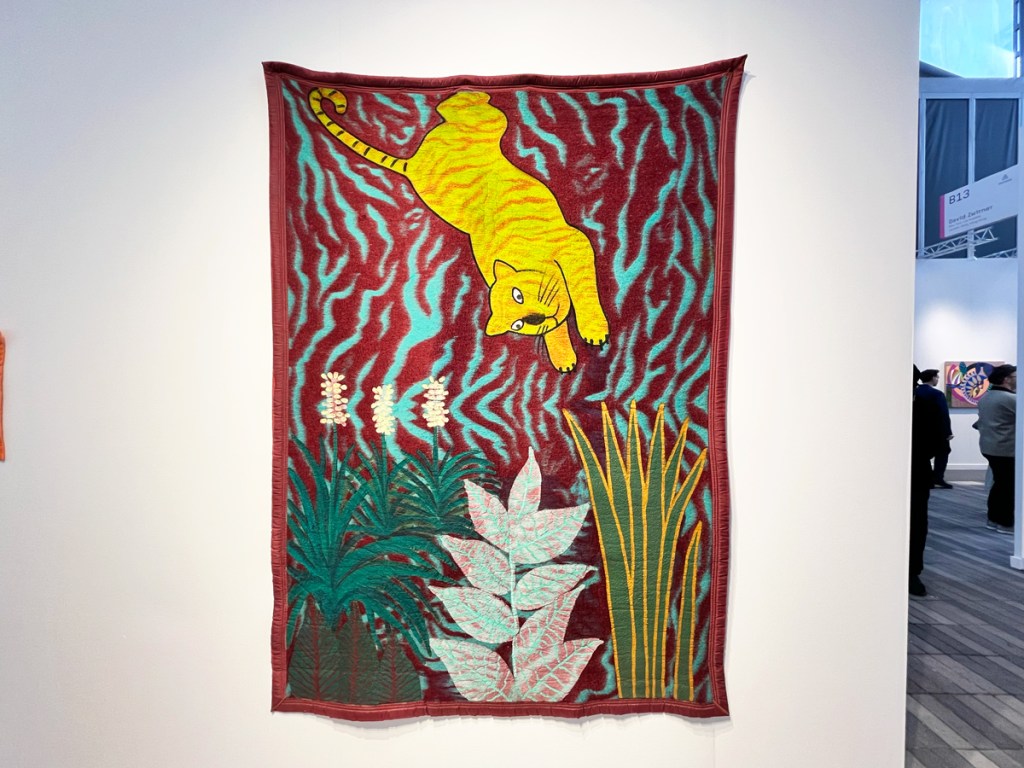 <p>Ortuzar Projects has several examples from Feliciano Centurión’s “frazadas” series, consisting of found moving blankets onto which the artist, who died in 1996 of AIDS-related causes, painted animals and landscapes. In one, a yellow tiger floats against the blanket’s red background, seemingly ready to pounce on some flora. Another shows four sun-like orbs that appear above an otherworldly dusty mountainscape. In his work, Centurión often incorporated forms of handiwork, like embroidery, crocheting, and knitting, that have long been associated with women and that he learned from his mother. The "frazadas" enlisted those techniques as a queer gesture, questioning what really counted as a "male" form of art-making. Dealer Ales Ortuzar said he first learned about Centurión’s work at the 2018 Bienal de São Paulo; he's readying a solo show for the artist in the fall.</p> <p><a href="https://www.artnews.com/list/art-news/market/frieze-new-york-2024-best-booths-1234705628/">View the full Article</a></p>