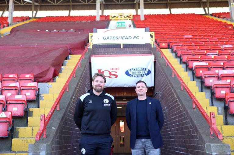 Rob Elliot, Interim Manager, and Neil Pinkerton, Chairman, at Gateshead FC's International Stadium.