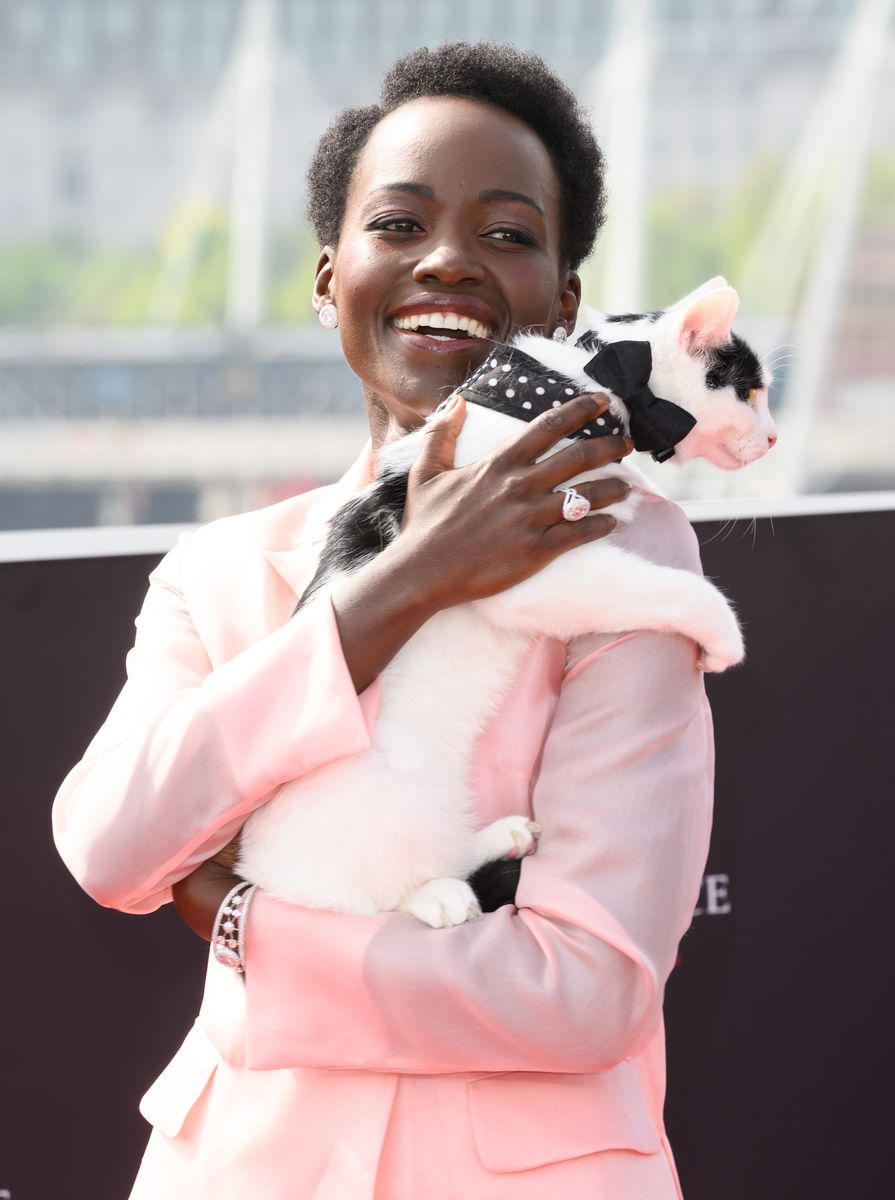 lupita nyong'o appears on red carpet, alongside her furry co-star
