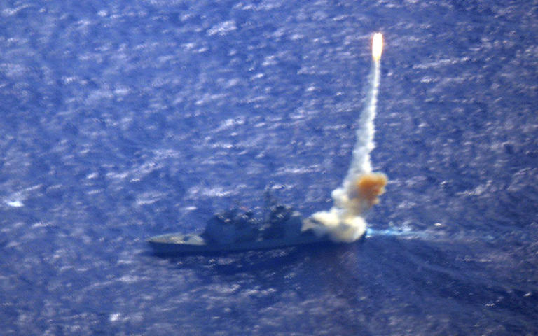 Ticonderoga class cruiser USS Lake Erie launches an SM-3 missile. The Lake Erie used an SM-3 to destroy a malfunctioning US spy satellite in low orbit in 2008 - US Navy/AP