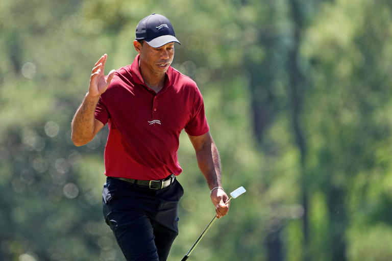 Tiger Woods walks onto the 18th green during the final round of the Masters Tournament at Augusta National in Augusta, Georgia on April 14, 2024.