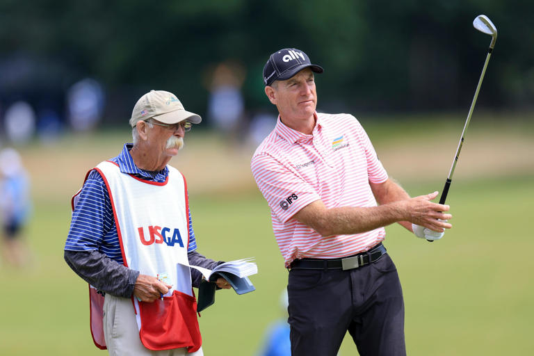 Mike Cowan, left, talks with Jim Furyk on the 17th fairway during the second round of the U.S. Open golf tournament at The Country Club. (Photo: Aaron Doster-USA TODAY Sports)