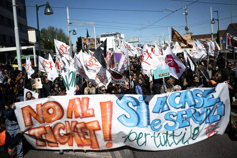 On April 25, protesters demonstrate against Venice's new day-tripper tax.