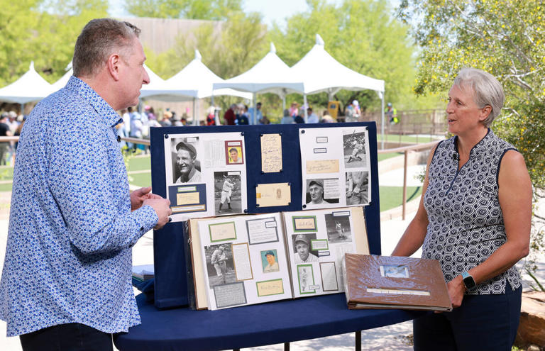 Cathy talks to expert Grant Zahajko about her collection of baseball signatures from the 1930s and 40s during an Antiques Roadshow taping event at the Springs Preserve in Las Vegas Tuesday, May 1, 2024. The collection of 261 pieces that includes signatures from Babe Ruth and Lou Gehrig was valued at $14,000 to $16,000. (K.M. Cannon/Las Vegas Review-Journal) @KMCannonPhoto