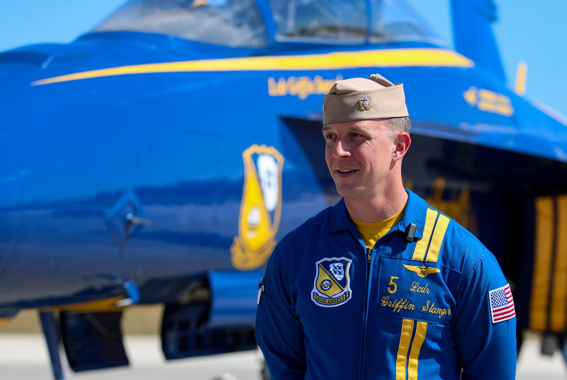 U.S. Navy Blue Angels Lt. Cmdr. Griffin Stangel speaks to the media Thursday, May 2, 2024, at the Vero Beach Regional Airport ahead of the weekend air show. The air show begins 6-8:30 p.m. Friday, 9 a.m. to 4 p.m. Saturday and Sunday at the airport, 3400 Cherokee Drive. The show will feature high-flying performances from the Angels, SOCOM Para-Commandos, A-10 Thunderbolt II Demonstration Team and other world-class performers, plus a kids’ zone and food fest after the show from 5-9 p.m. Saturday at Riverside Park.