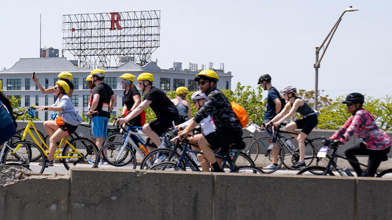 UNITED STATES -May 7: Thousands of Bicyclists take part in the Five Boro Bike Tour, some of whom are seen here as they travel along the Gowanus Expressway in Brooklyn on Sunday, May 7, 2023. (Photo by Theodore Parisienne for NY Daily News via Getty Images) (Getty Images)