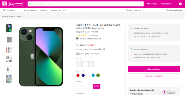 amazon, iphone 13 mini $4,100 más barato que en liverpool con 30% de descuento y 12 msi: verde, 512 gb