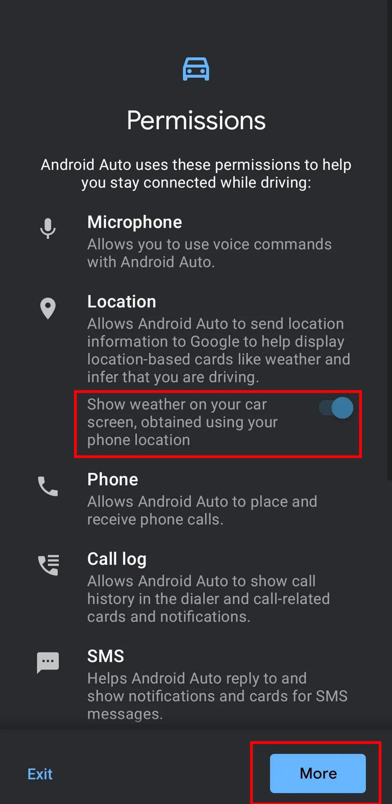 A permissions screen for Android Auto listing the permissions it uses to help the user stay connected while driving. Permissions requested include microphone, location, phone, call log, and SMS. 