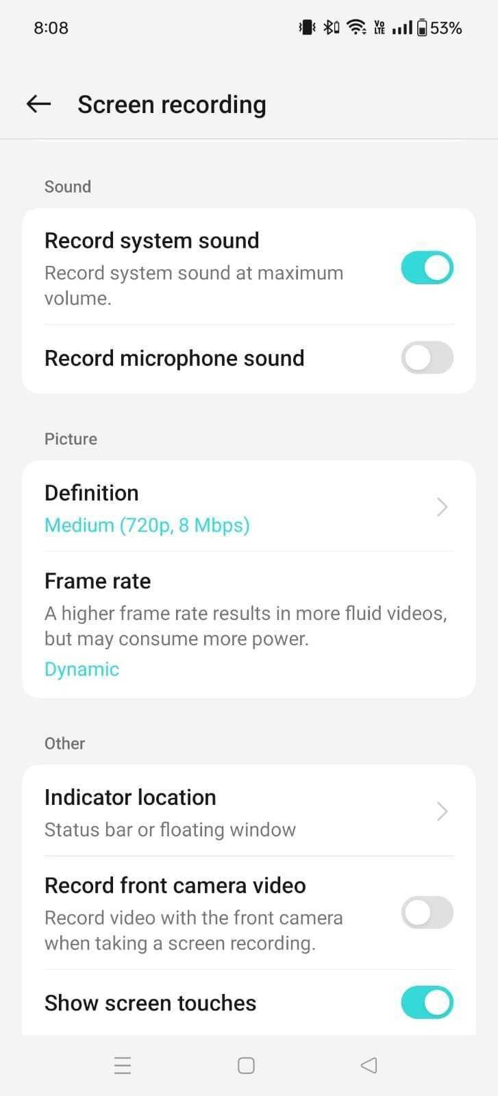 one plus screen recording settings