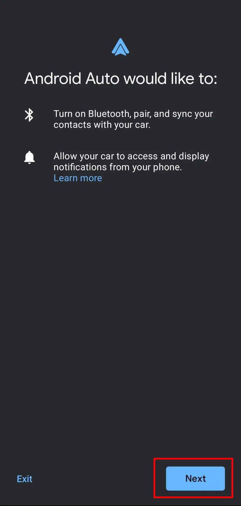 A setup screen for Android Auto is displayed, requesting permission to turn on Bluetooth, pair and sync contacts with the car, and allow the car to access and display notifications from the phone.