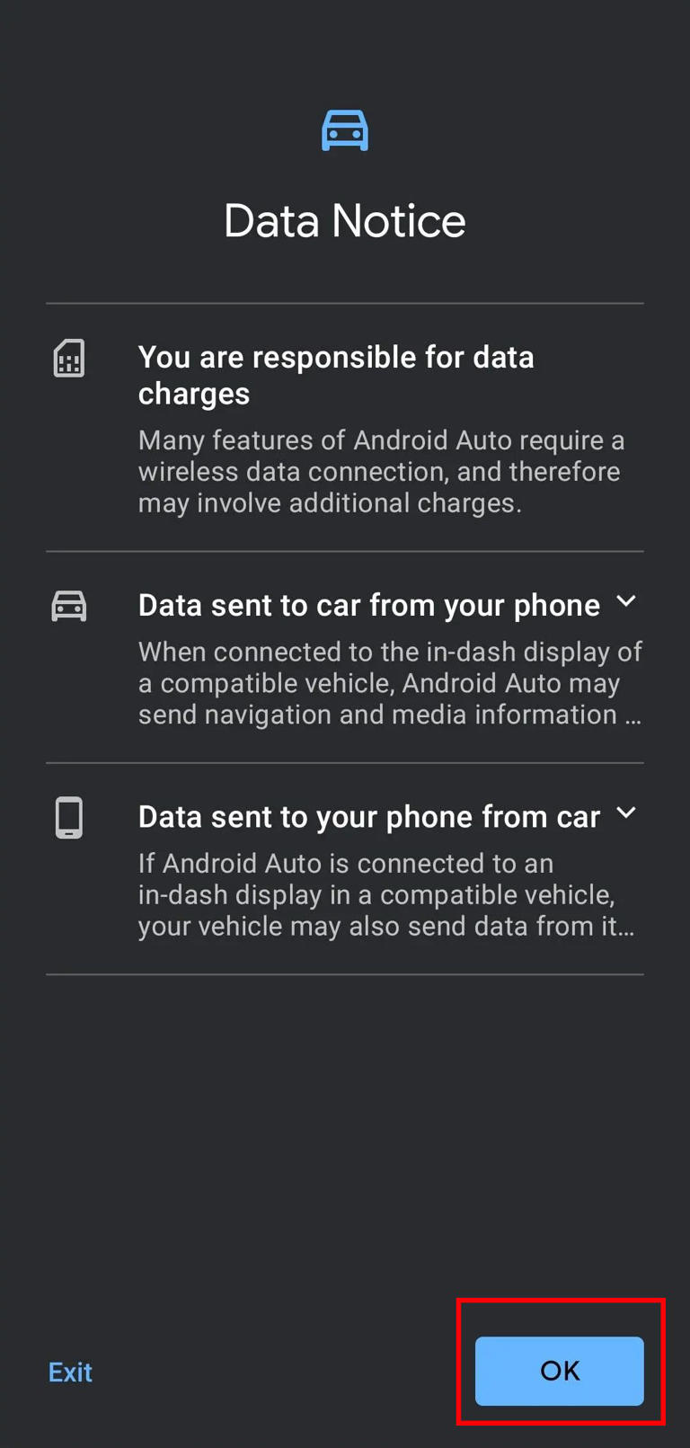 An Android Auto data notice is shown, informing the user that they are responsible for any data charges and that many features require a wireless data connection.