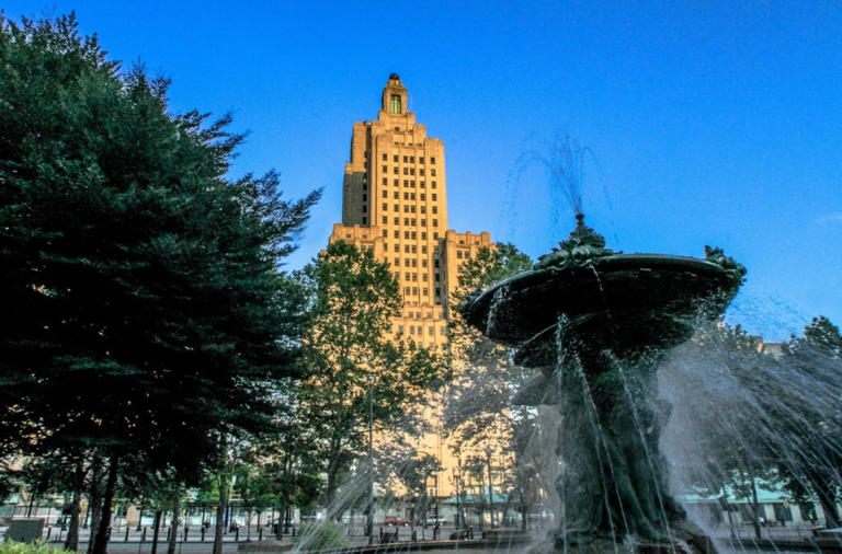 Providence's "Superman Building" as viewed from the Bajnotti Fountain in Burnside Park.