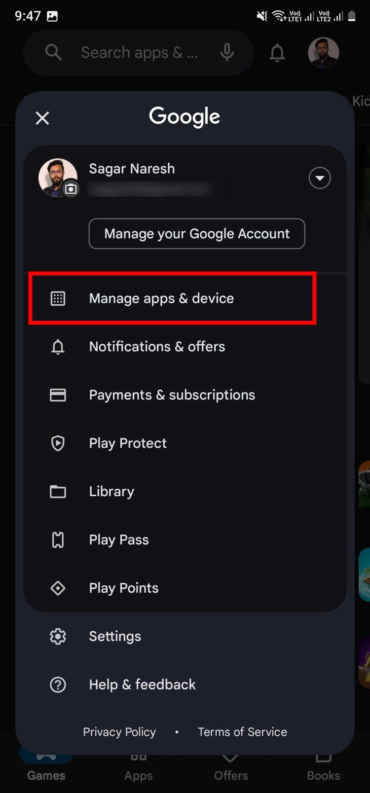 Play Store Manage Apps & Devices option