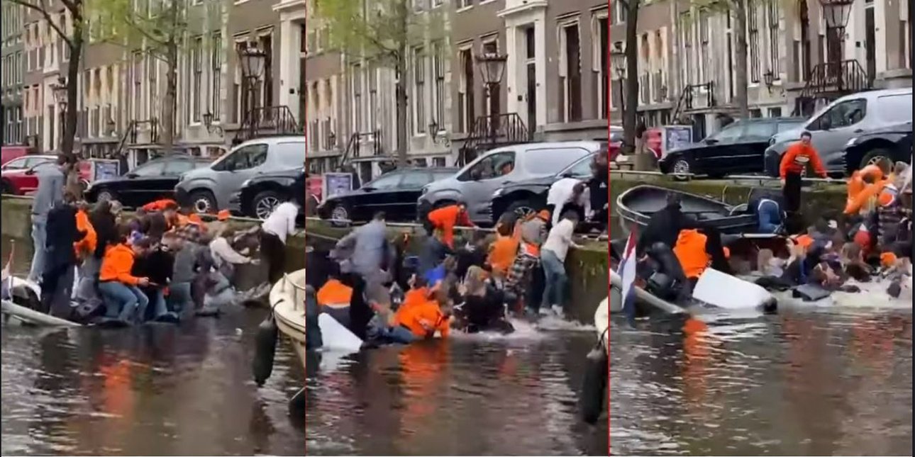 «τα θαλάσσωσαν»: βγήκαν να γιορτάσουν «τη μέρα του βασιλιά» και βούλιαξε η βάρκα τους σε κανάλι του άμστερνταμ [βίντεο]