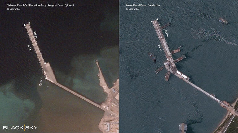 From left, a satellite image shows a naval base in Djibouti with Chinese military presence, and a near-replica pier in Cambodia's Ream Naval Base that China uses. (Courtesy of BlackSky)