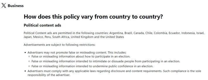 x, rede social de elon musk, remove brasil da lista de países onde anúncios políticos são permitidos