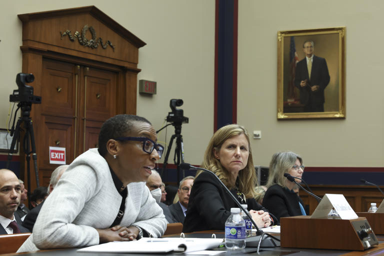 WASHINGTON, DC - DECEMBER 05: (L-R) Dr. Claudine Gay, President of Harvard University, Liz Magill, President of University of Pennsylvania, and Dr. Sally Kornbluth, President of Massachusetts Institute of Technology, testify before the House Education and Workforce Committee at the Rayburn House Office Building on December 05, 2023 in Washington, DC. The Committee held a hearing to investigate antisemitism on college campuses.