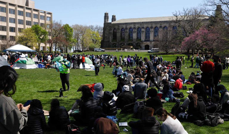 Demonstrators gather at an encampment where students are protesting in support of Palestinians, at Northwestern University campus in Evanston, Ill., April 25, 2024.