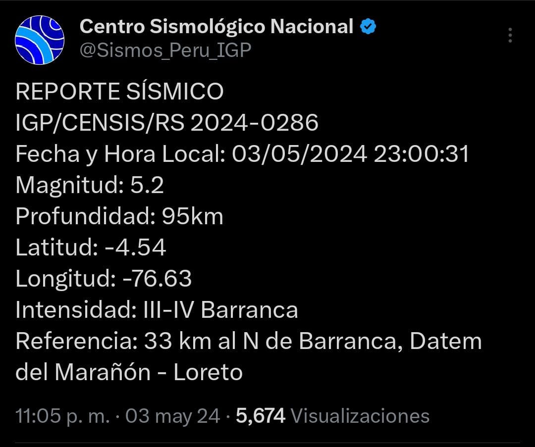 temblor de magnitud 5.2 se sintió en loreto hoy, según igp