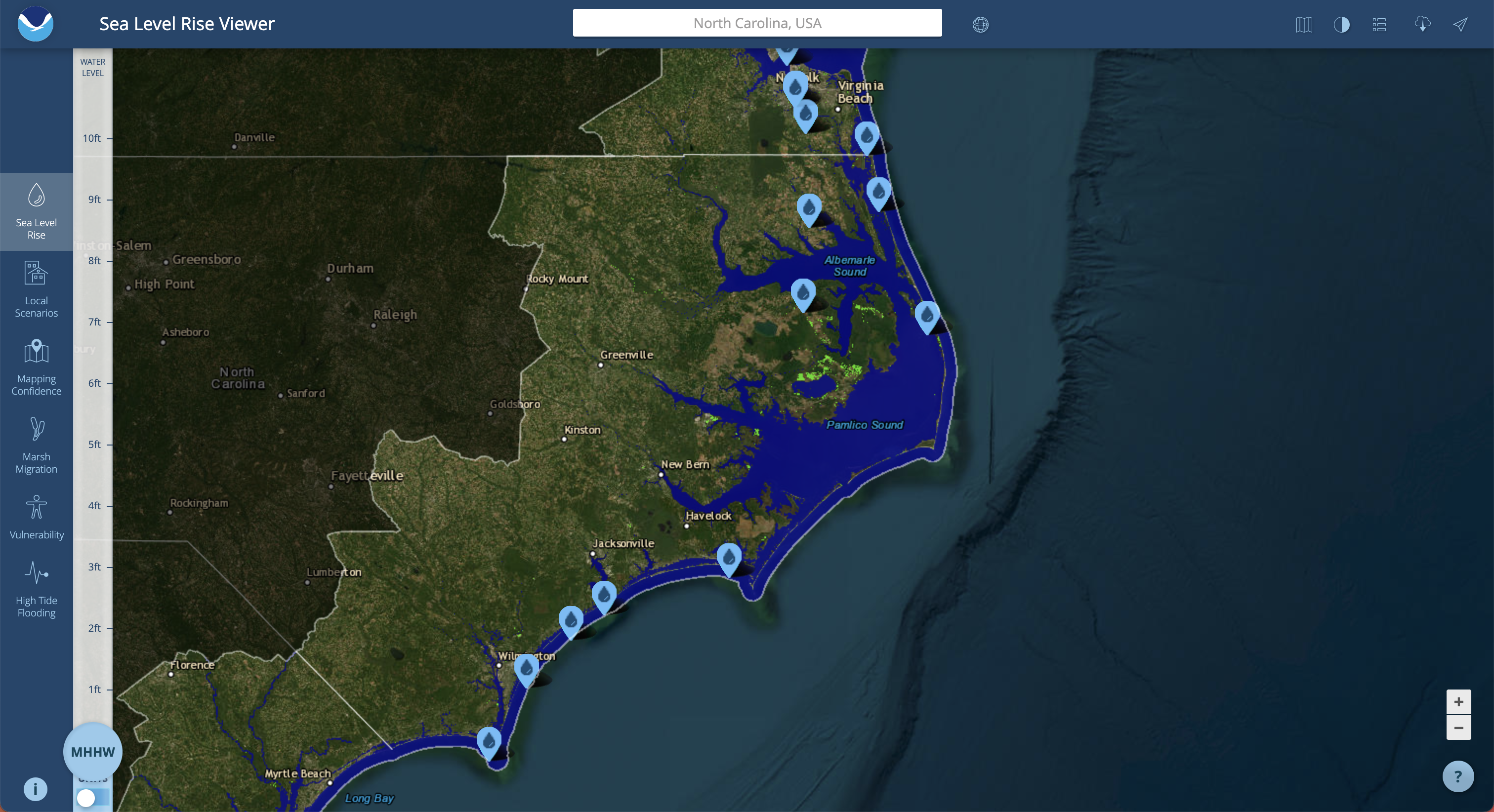 north carolina map shows where state could be underwater from sea level rise