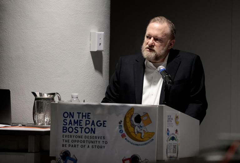 Emerson College president Jay M. Bernhardt spoke during the college's On the Same Page Boston campaign to bring diverse books to Boston Public Schools on Oct 17, 2023.