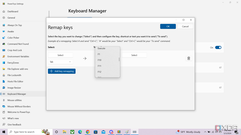 Using the dropdown menu to remap keys in Microsoft PowerToys