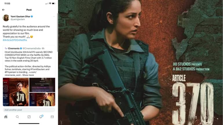 yami gautam expresses her gratitude, saying 'really grateful to the audience around the world', as article 370 trending globally on digital platform