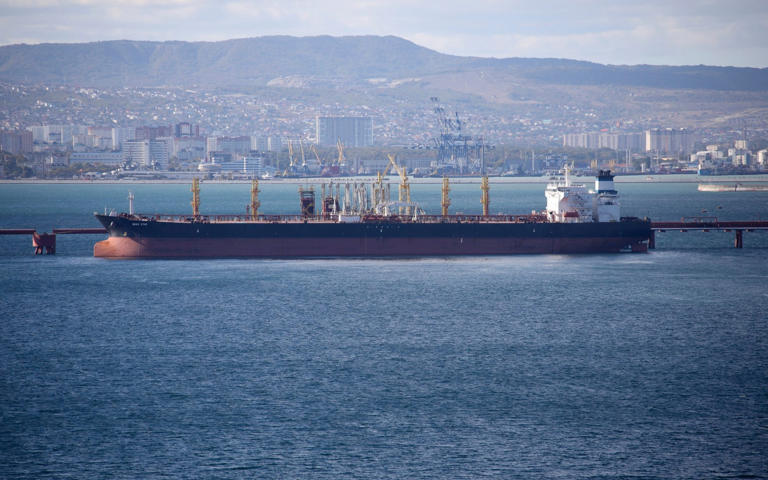 An oil tanker taking on crude at the Transneft terminal in Novorossiysk, Russia, October 2023. Prices for Russian oil have risen well above the Western allies' price cap - AP