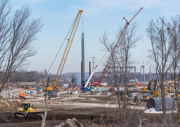 We Energies filed a plan for building electric infrastructure for Microsft, a construction update says pile driving is wrapping up and above ground work has begun on the first building on Friday March 1, 2024 in Mount Pleasant, Wis.