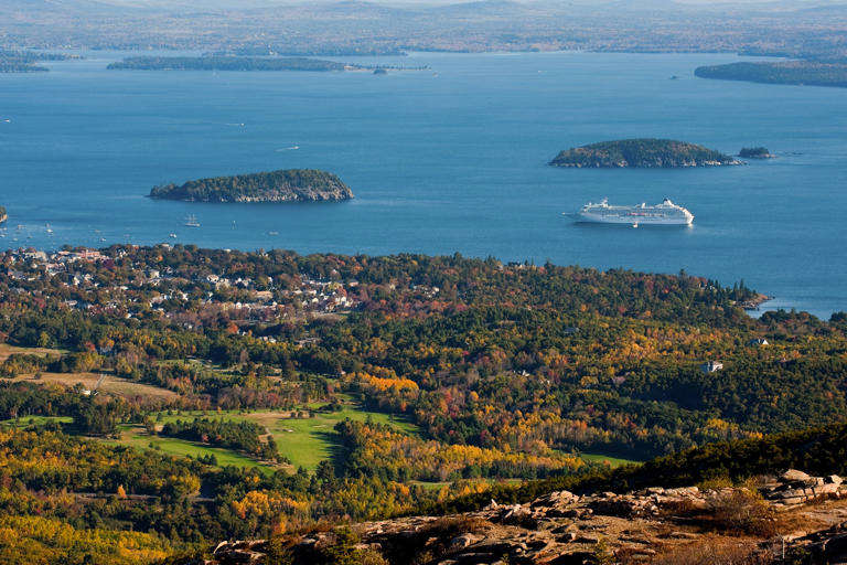 Bar Harbor, Maine with tourist cruise ship visiting
