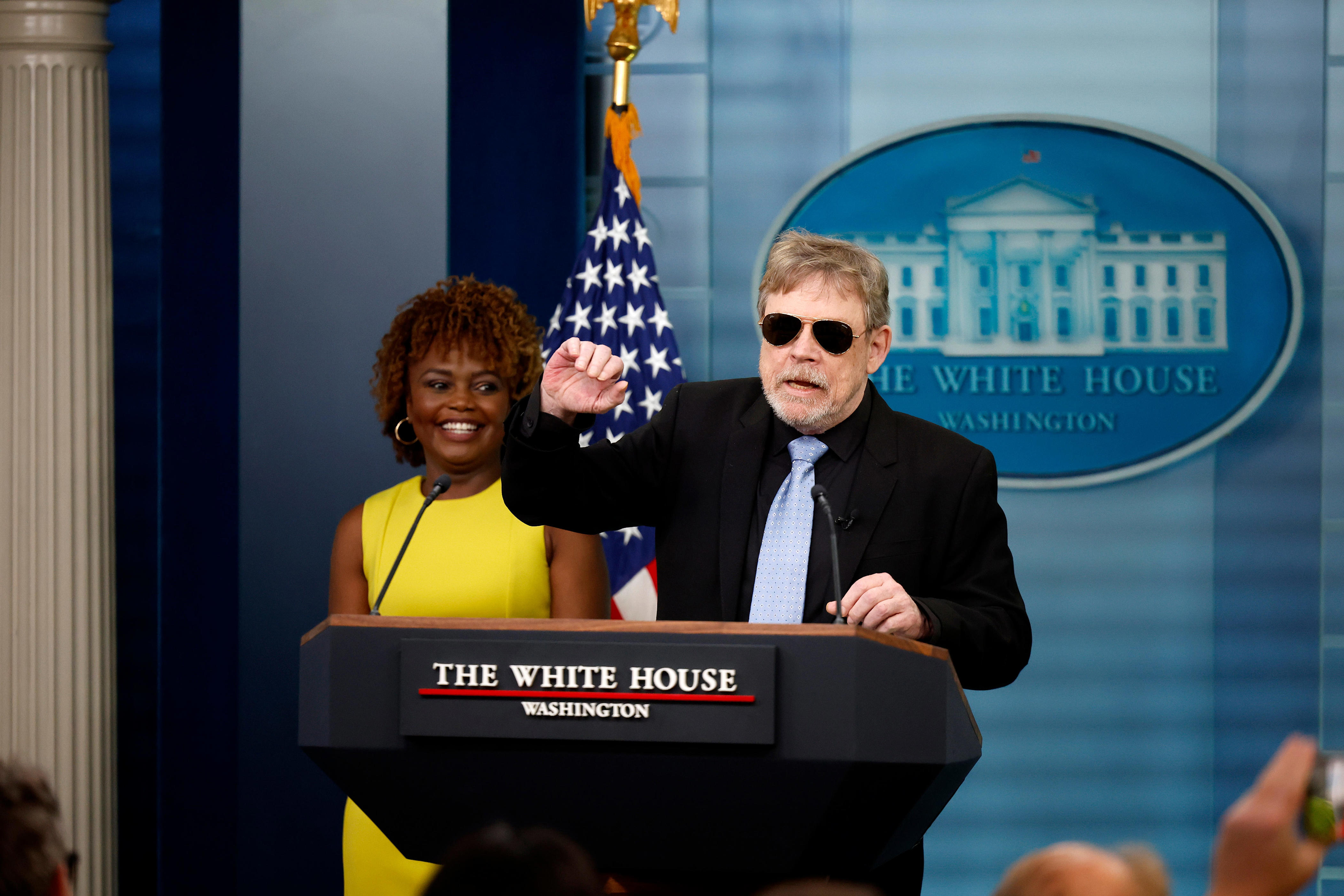 'star wars' actor mark hamill visits white house. he leaves with a pair of biden sunglasses
