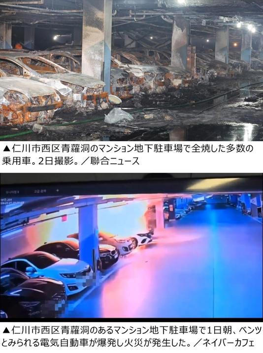 EV1台の火災が予想外の大惨事に…地下駐車場で車40台全焼しマンション5棟で停電 ／仁川