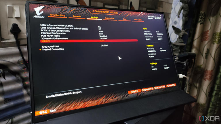 The Gigabyte BIOS displaying the IOMMU setting