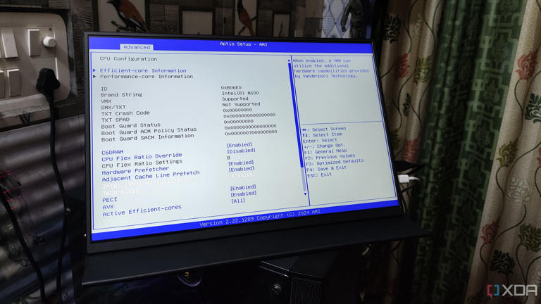 A Uperfect UGame K118 monitor displaying the Advanced CPU options in the BIOS