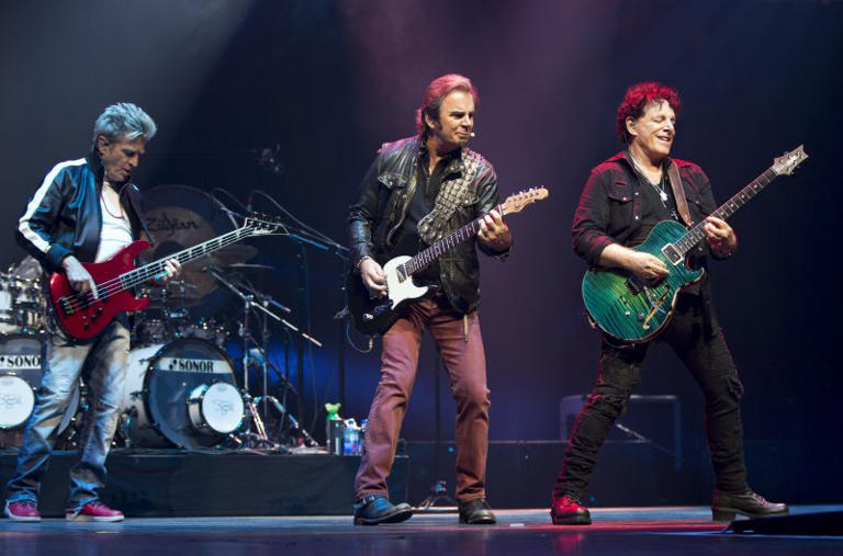 NEWARK, NJ – JUNE 15: Bassist Ross Valory, keyboardist Jonathan Cain, and founder and guitarist Neal Schon of the band Journey are seen at Prudential Center on June 15, 2018 in Newark, New Jersey. (Photo by Brian Ach/Getty Images for Journey)