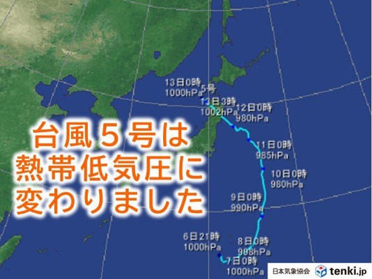 台風5号　熱帯低気圧に変わりました　動きが遅く　北日本では影響が長引く