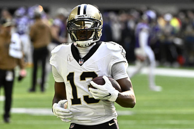 MINNEAPOLIS, MINNESOTA - NOVEMBER 12: Michael Thomas #13 of the New Orleans Saints warms up before the game against the Minnesota Vikings at U.S. Bank Stadium on November 12, 2023 in Minneapolis, Minnesota. / Getty Images