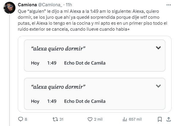 Una voz femenina le habló a Alexa. Foto: X @Camiona_