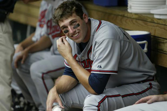 ST. LOUIS - AUGUST 6: Jeff Francoeur of the Atlanta Braves is pictured in the dugout during the game against the St. Louis Cardinals at Busch Stadium on August 6, 2005 in St. Louis, Missouri. The Braves defeated the Cardinals 8-1. (Photo by John Grieshop/MLB via Getty Images)