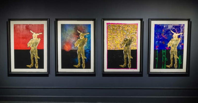 Four pieces from Depp’s most recent collection, The Bunnyman Genesis, on display at Castle Fine Art in London. BY: Castle Fine Art