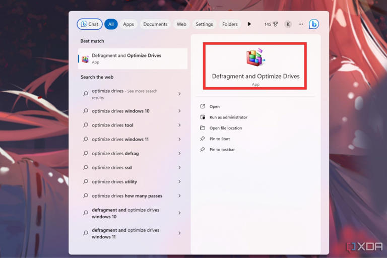 A screenshot showing the Defragment and optimize drives program in windows start menu.