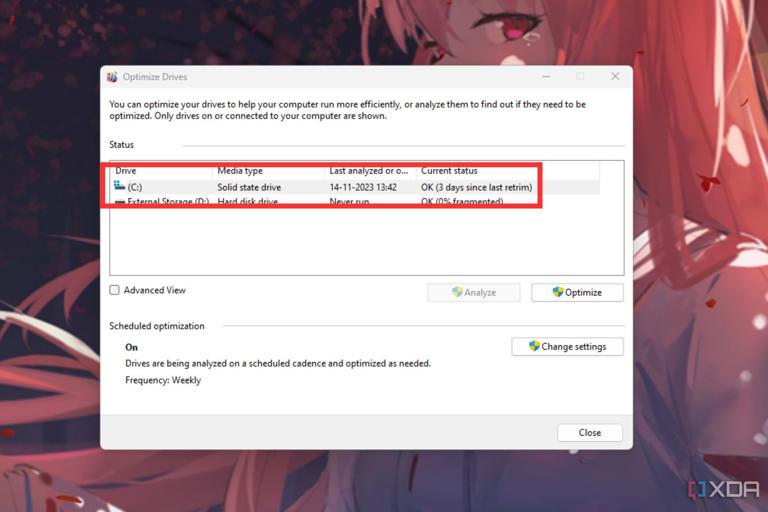 A screenshot showing the SSD listed in Windows Defrag program.