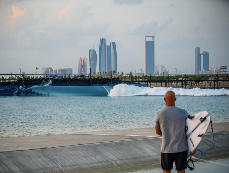 Slater and his new, Middle East beast of a wave pool. Photo: Surf Abu Dhabi