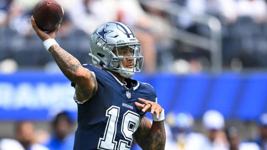 Aug 11, 2024; Inglewood, California, USA; Dallas Cowboys quarterback Trey Lance (19) throws a pass against the Los Angeles Rams during the second quarter at SoFi Stadium. Mandatory Credit: Jonathan Hui-USA TODAY Sports | Jonathan Hui-USA TODAY Sports