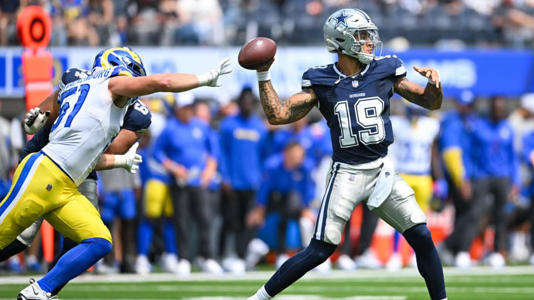 Aug 11, 2024; Inglewood, California, USA; Dallas Cowboys quarterback Trey Lance (19) throws a pass against the Los Angeles Rams during the second quarter at SoFi Stadium. Mandatory Credit: Jonathan Hui-USA TODAY Sports | Jonathan Hui-USA TODAY Sports