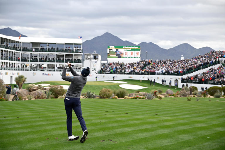 Jordan Spieth of the United States plays his shot from the 16th tee during the first round of the WM Phoenix Open at TPC Scottsdale on February 08, 2024 in Scottsdale, Arizona. (Photo by Orlando Ramirez/Getty Images)